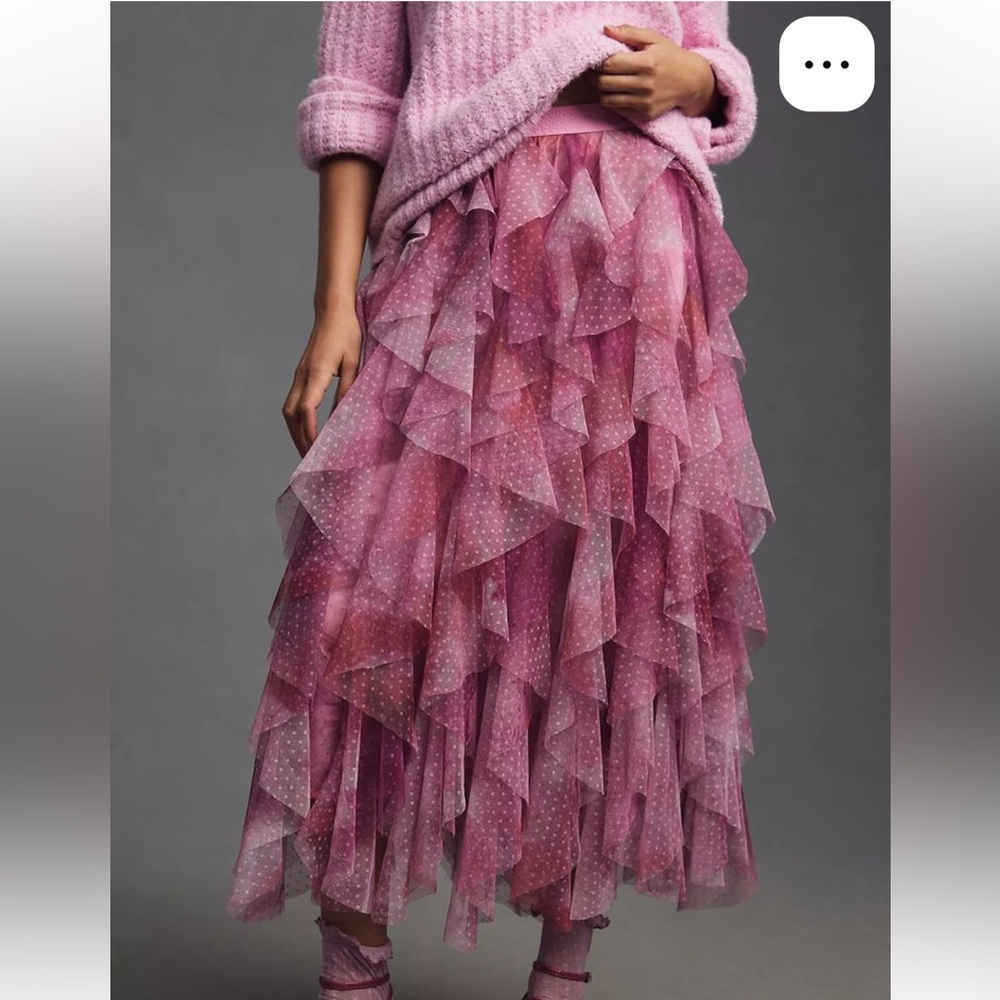 Anthropologie Pink Ruffled Polka Dot Midi Skirt